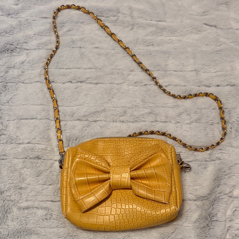 Yellow Croc-Embossed Bow Crossbody Bag
